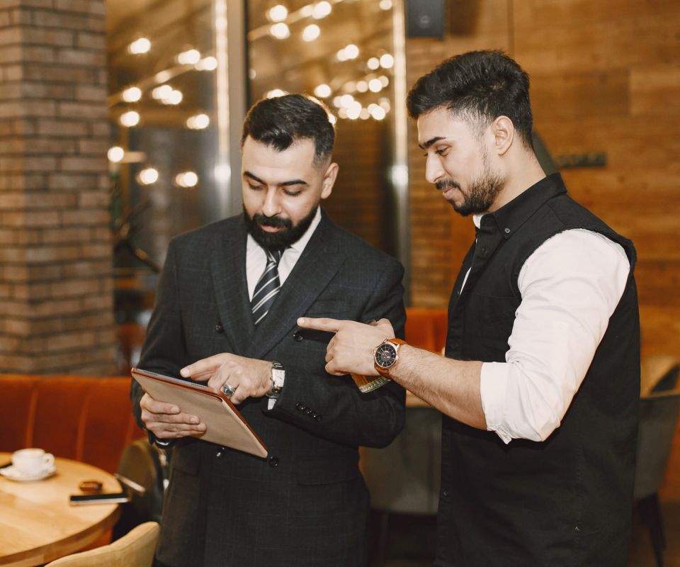 Two business people talking